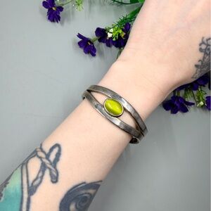 Antiqued Sterling Silver Plated Cuff Bracelet with Lime Green Cats Eye Stone